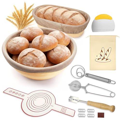 Gärkörbchen 10-Teiliges Sauerteig Starter Set 23cm Rund & 25cm Oval Gärkorb Gärkorb Brot Faltbar inkl. Teigschaber Brotlamer Gärtuch & Mehr Brot Backen Zubehör Sauerteig Zubehör Set