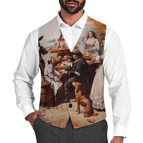 First Thanksgiving Dinner Suit Vest for Men Slim Fit Sleeveless Jacket V Neck Business Waistcoat Button Up Dressy Top