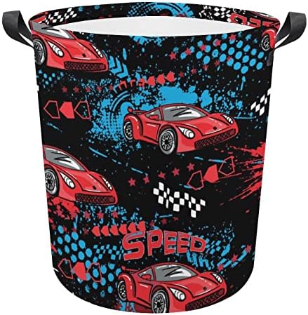 Red Cars Pattern Laundry Baskets Cartoon Racing Car Waterproof Collapsible Laundry Hamper with Handles Round Toy Bin for Dirty Clothes,Kids Toys,Bedroom,Bathroom