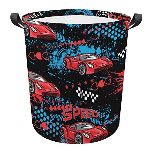 Red Cars Pattern Laundry Baskets Cartoon Racing Car Waterproof Collapsible Laundry Hamper With Handles Round Toy Bin For Dirty Clothes,Kids Toys,Bedroom,Bathroom #TOP22