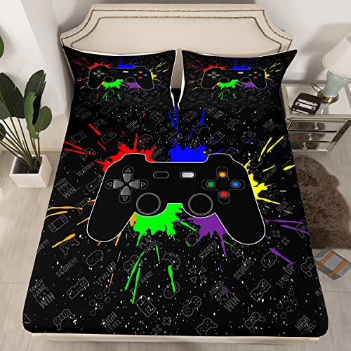 Boys Gaming Gamepad Sheet Queen,Video Game Bedding For Kids Teens Gamer Room Decor,Watercolor Graffiti Tie-Dye Modern Cool Bed Sheet Set 4Pcs(Deep Pocket Fitted Sheet + Flat Sheet + 2 Pillowcases) #TOP3
