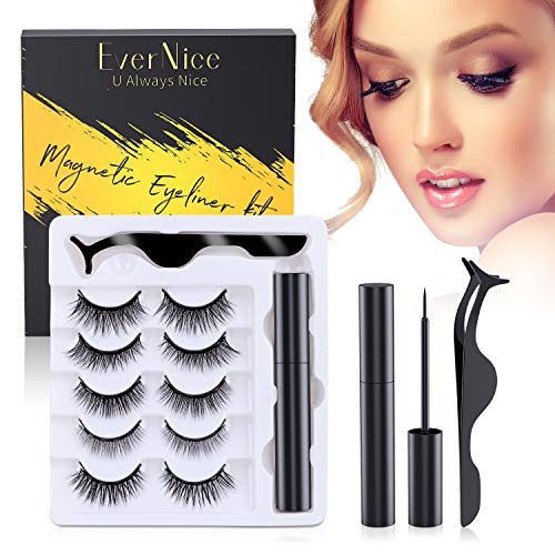 Magnetic Eyelashes with Eyeliner【5 Pairs】, EverNice Magnetic Lashes of 5 Different Styles, No Glue False Eyelashes with Tweezers, Reusable Eyelashes Extension Kit