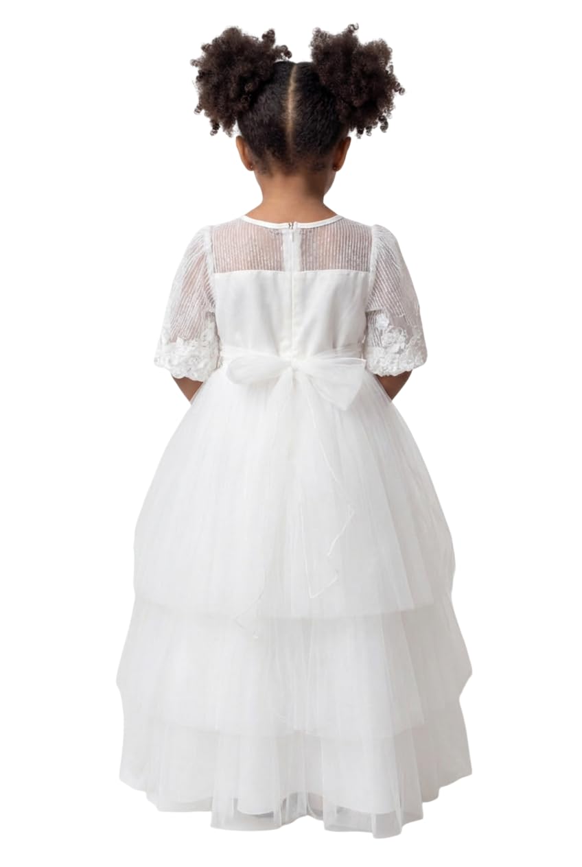 Abito da Prima Comunione Avorio per Bambina con Maniche in Pizzo e Gonna a Balze in Tulle Floreale, età 2-10 Anni