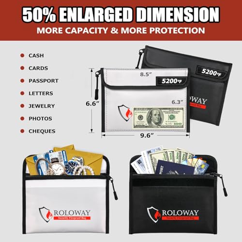 Image of ROLOWAY Fireproof Bag (9.6 x 6.6 inches) 5200℉ Heat Insulated, Fireproof Money Bag with Zipper for Cash (2-Pack)