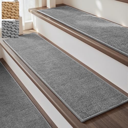 PADOOR Tufted Stair Treads for Wooden Steps 15PC, Soft Peel and Stick Stair Treads Non Slip Indoor, Adhesive Stair Runner Residue Free Stair Carpet Treads Washable for Kids Pets Elders, 8"x3