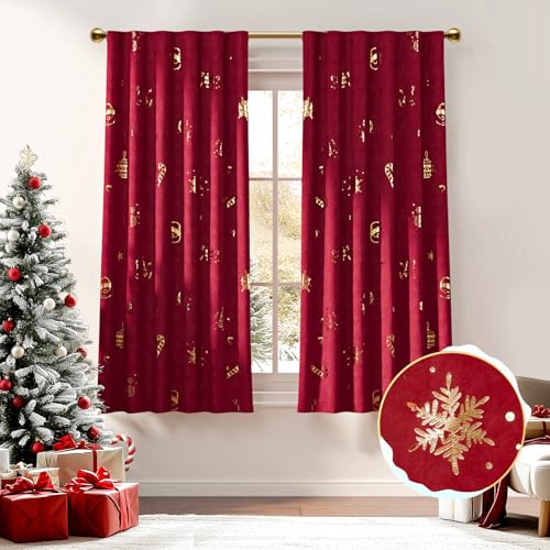 jinchan Christmas Curtains for Living Room, Winter Decor Christmas Decorations for Bedroom Velvet Curtains 63 Inch Length, Navidad Snowflake Backdrop