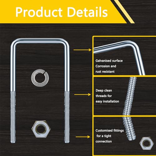 Image of 3 inch W x 7.1 inch L Zinc-Plated U-Bolts with Nuts and Spring Washers for Boat Trailer Tubes, Rectangular Wood and Metal Objects, Square Zinc-Plated Bolts (M10 x 80mm x 180mm
