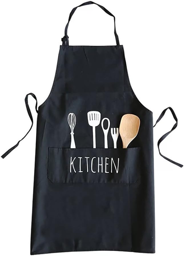 TOBWOLF Kitchen Cooking Apron with Pockets, 28 x 23 Inch Creative Fork & Spoon Pattern Baking BBQ Apron, Adjustable Neck Straps Working Uniform, Ideal for Men Women Chef Waiter Beautician (Black)