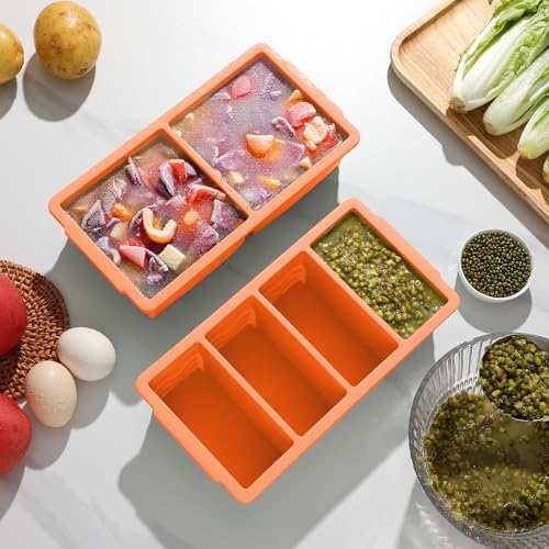Image of Silicone Freezer Trays with Lid for Soup, 1-Cup & 2-Cup Large Ice Cube Molds Food Storage Containers for Meal Prep, Freeze 500mL /250mL /125mL Portions - 2 Pack