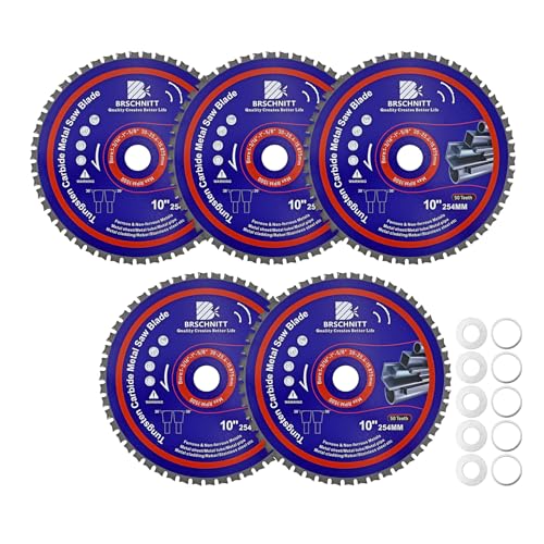 10" Metal Cutting Circular Saw Blade - BRSCHNITT 5pcs Tungsten Carbide Tipped TCT Saw Blades for Iron, Iron Pipe, Ferrous Metals 50T Arbor:1-3/16"/1"/5/8"