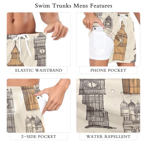 London Big Ben Men's Swim Trunks with Liner Quick Dry Beach Shorts Swimwear Bathing Suit S-XXL2