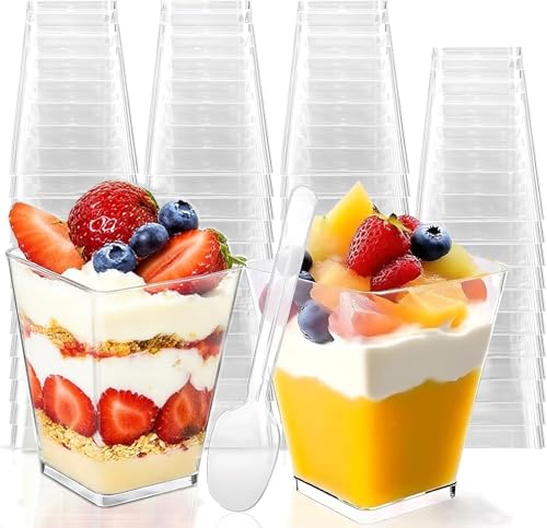 Sprifityy 50 Stück Desserttasse,Transparenten Quadratischer Dessertbecher,Aus 160ml mit 50 Stück Löffeln, leicht zu reinigen,Wiederverwendbar,für Mousse Kuchen,Eis,Zuhause Desserts, Puddin
