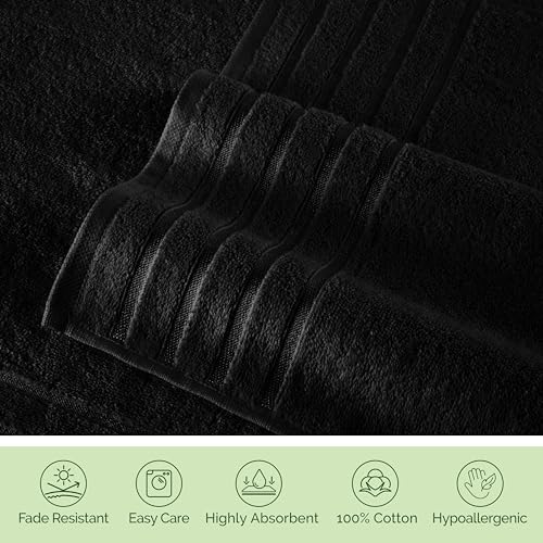 Image of Elegant Comfort 100% Turkish Cotton 4 Lines Viscose Stripe Luxury 4 Pack Hand Towel Set - Ultra Absorbent and Soft 16 x 28 Inch Premium Hotel Spa Quality Towels for Everyday Bath Use, Black