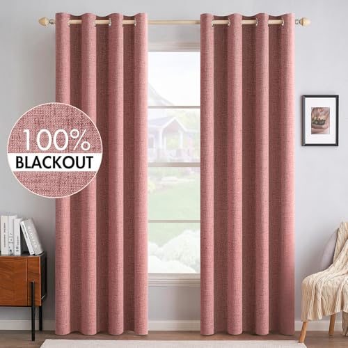 Image of MIULEE 100% Blackout Linen Textured Curtains for Bedroom Solid Thermal Insulated Dusty Rose Grommet Room Darkening Curtains & Drapes Luxury Decor for Living Room Nursery 52 x 84 Inch (2 Panels)