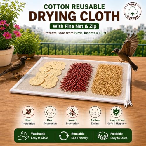 Image of Extra Large Papad Drying Cloth 90x120 CM (Pack of 2) | Food Drying Net with Zip Closure | Dust, Bird & Insect Protection | Foldable, Washable & Reusable Mesh for Papad, Snacks, Grains