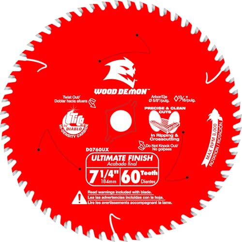 Image of Diablo Wood Demon Ultimate Finish Carbide Circular Saw Blade - Ideal for Professional Use and DIYers - 7-1 /4 inch Diameter, 60 Hi-ATB Teeth, 8,000 Max RPM - D0760UX