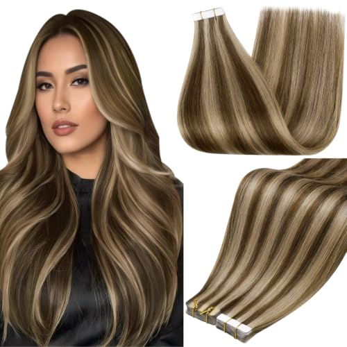 Full Shine Tape In Hair Extensions Human Hair, Brown Caramel 20 Inch | 100G 40Pcs, Remy Human Hair Extensions, Seamless Skin Weft, Straight Texture