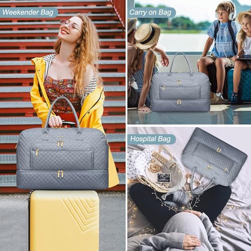 Foto de Bolsa de viaje grande para mujer, bolsa de mano para llevar en la noche, bolsa de viaje de fin de semana con bolsillo húmedo, artículos de tocador para fin de semana, Gris, Bolsa de viaje (imagen 7)