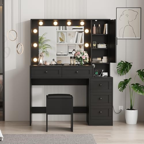 GarveeHome Makeup Vanity Desk and Stool, Vanity Desk with Lights & Charging Station, Drawers and Hidden Storage Shelves