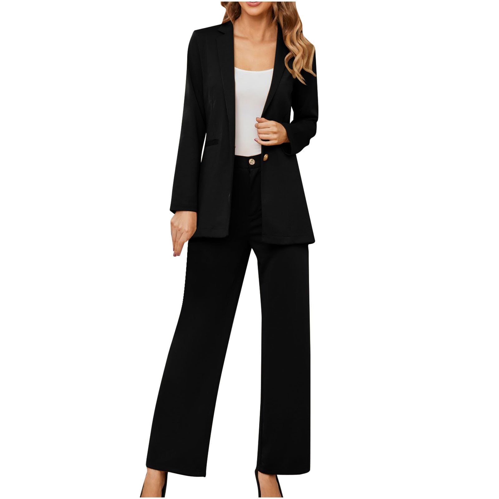 Womens Suit Sets Casual Straight Leg Business Solid 2 Piece Slim Fit Blazer Pants Set Formal Office Outfit