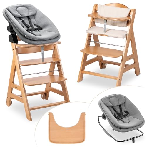 hauck Chaise Haute Bébé Evolutive en Bois Beta+ Newborn Set Highchair Bouncer 3en1 – dès la Naissance avec Transat Bebe, Coussin Assise et Plateau Repas – Naturel