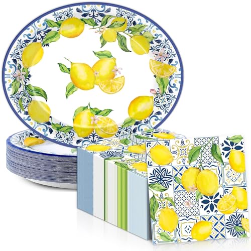 CHUNNIN 50Pcs Lemon Party Oval Plates 11inch Blue Tile Summer Plates and Napkins for Lemon Party Decoration Disposable Fruit Dish Tray Serve 25 for Fruit Birthday Party Baby Shower Party Supplies