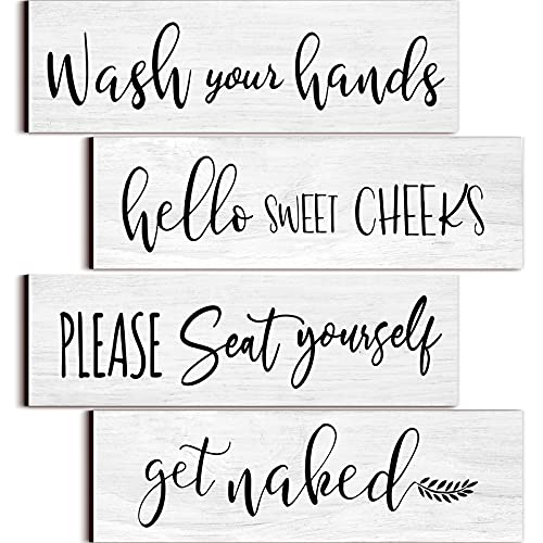 4 Pieces Bathroom Wall Decor Bathroom Wall Art Farmhouse Bathroom Wooden Signs Bathroom Quotes Signs Wash Your Hands Rustic Bathroom Wood Sign Hello Sweet Cheeks Decor for Home Laundry Room Bathroom