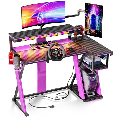 Bestier Computer Desk with Music Sync Light, Flow Vibe Corner Desk with Monitor Stand and PS5 Storage Shelves, Cup Holders, and Headset Hooks for Bedroom Small Space (Black Purple, 42 Inch)