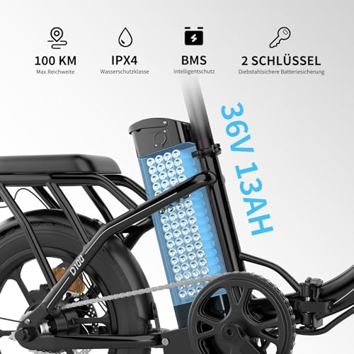 ESKUTE D100 E-Bike Klapprad 16 x 2,5 Zoll, Elektrofahrrad für Herren & Damen, Fatbike mit Abnehmbarem 36V...
