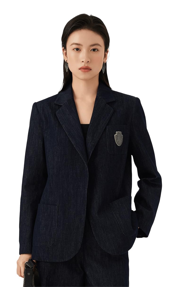 Womens Classic Cotton Blend Denim Blazer Button Suit - Stylish Casual Fashion KX7523318
