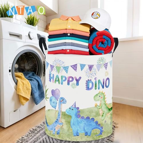 Image of 62L Kids Colorful Dinosaur Waterproof Laundry Hamper with Durable Leather Handle,Party Supplies Storage Picnic Large Storage Basket(Happy Dinosaur)