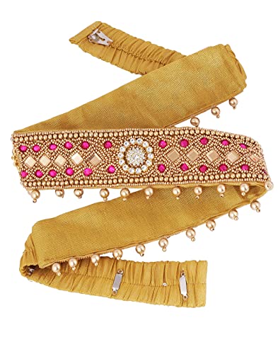 Traditional Gold Fabric Embroidery Cloth Pink Stone Maggam Work Saree Waist Belt Stretchable Kamarpatta Kamarbandni Kardhani For Women (kardhani Belt For Saree)2