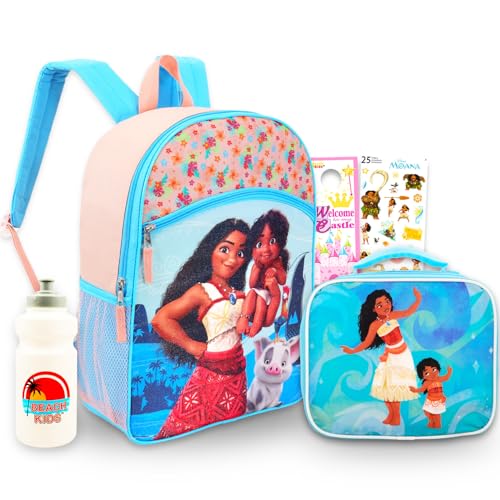 Disney Mochila Moana e conjunto de almoço para meninas – Pacote com mochila escolar de 40,6 cm, lancheira, adesivos e muito mais | Mochila Moana para crianças, meninas e crianças pequenas, Multicor,