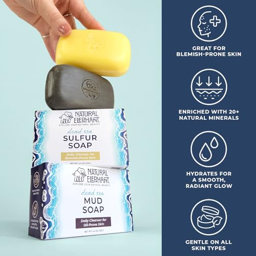 Natural Elephant Dead Sea Sulfur Soap 4.4 oz with Dead Sea Salt, Aloe Vera, Sulphur Face and Body Bar for All Skin Types (1 Sulfur + 1 Mud Soap (2 Bars Total))
