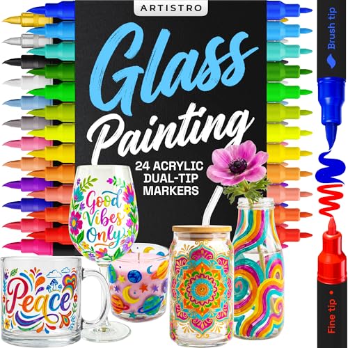ARTISTRO 24 Glass Acrylic Paint Markers - Erasable Wine Glass Markers - Paint Pens for Windows Mirrors Ceramic and Plastic - Charming Wine Gift for Hostess - for Drink Labels Tags and Identifiers