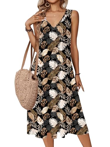 Image of Zeagoo Women Summer Casual Dresses 2026 Sleeveless Midi Pleated Tank Sundress with Pockets V Neck A Line Swing Tshirt Dress