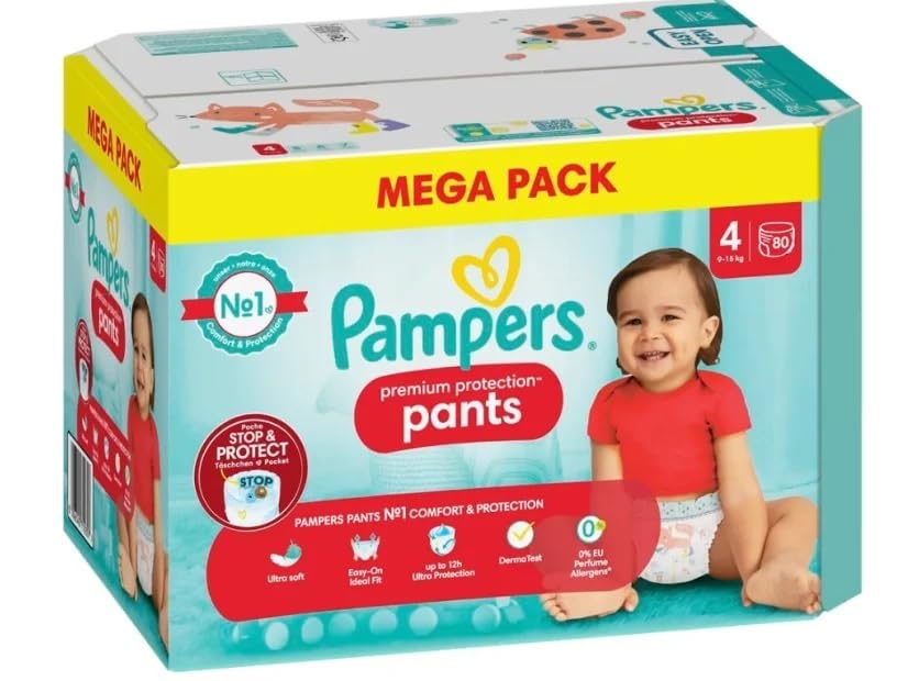 Pampers Premium Protection Windeln, Größe 4, 80 Höschen, 9 kg – 15 kg, Pampers Nr. 1 für Komfort und Halt, einfach anzuziehen