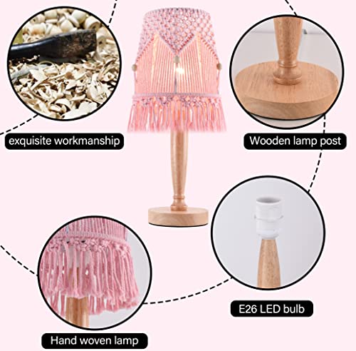 Rustic Bedside Lamp, Pink Desk Lamp(5 Ft Plug Wire),Boho Wood Table Lamp(Handmade Cotton Fabric Shade) For Bedrooms, Office, College Dorm, Dinning Room, Girls Room... #TOP6