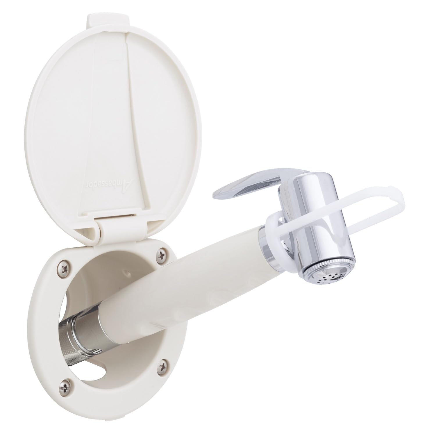 Ambassador Marine Recessed Shower- Warm White Cup & Lid, Hammer-Head Warm White Sprayer, 10' White Rubber Hose - 136-0014-WH-W