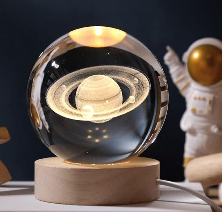 Image of 3D Saturn Crystal Globe Lamp | Engraved Crystal Ball Night Light with Wooden Base | USB LED Table Lamp for Bedroom, Office, Home Decor & Gift Purpose (Saturn, Warm White)