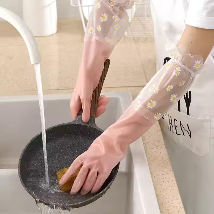 Image of Heavy Duty Hand Gloves For Dishwashing, Gardening, Kitchen Cleaning Non-Slippery & Durable Long Elbow Length(Inner Cotton Lining For Comfort) (Grey + Peach)