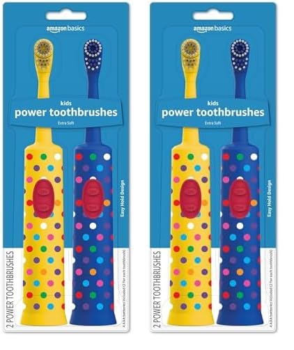 Amazon Basics Kids Electric Toothbrush, Battery Powered, Soft Bristles, Oscillating Brush Head, Ages 4+, 2 Count, 2-Pack (Previously Solimo)