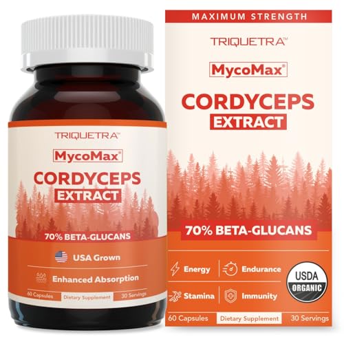Organic Cordyceps Mushroom Extract - 70% Beta Glucans - Highest Active Nutrient Levels, Max Potency Cordyceps Capsules, US Grown + Ultrasonic Extraction - Performance, Immunity & Energy - 60 Capsules