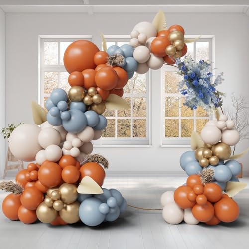 Fall Balloon Arch Kit Dusty Blue Burnt Orange Dusty White Gold - 145pcs Autumn Balloons Garland for Baby Shower Birthday Thanksgiving Pumpkin Party Decorations