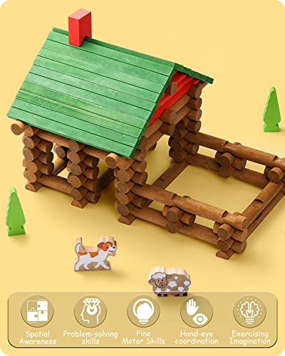 Image of SainSmart Jr. 110 PCS Wooden Log Cabin Set Building House Toy for Toddlers, Classic STEM Construction Kit with Colorful Wood Logs Blocks for 3+ Years Old