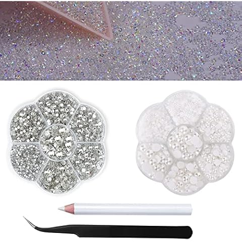 8000Pcs Mini 1.2mm Rhinestones Sand Nail Diamonds Micro Pixie Crystals for Nails+2box Rhinestone Half Pearls Beads for Crafts-Clear Face Gems Makeup Eye Jewels Pearls with Wax Pen Tweezers HINABTRU Cover