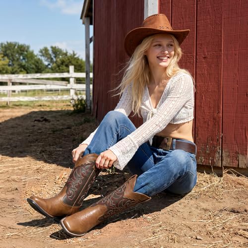 Image of SheSole Women's Cowboy Boots Square Toe Mid Wide Calf Cowgirl Boots Chunky Heel Fashion Western Boots