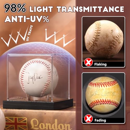 Image of Baseball Display Case, Clear Cube Baseball Holder with Wooden Base, Autograph Baseball Stand Box for Single Ball, Acacia Wood, Black, 1 Pack