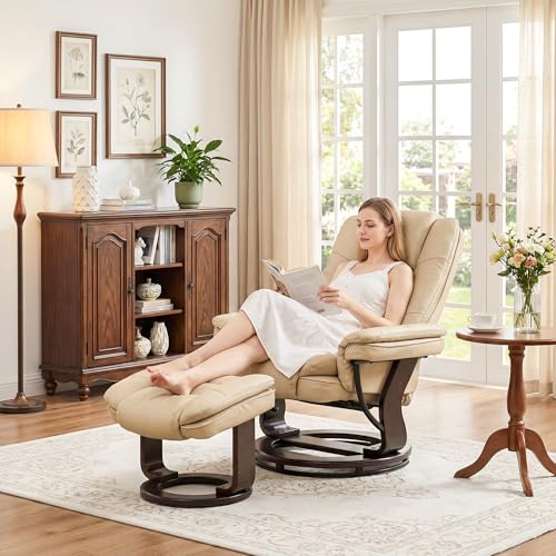 Image of Swivel Recliner Chair with Ottoman Reclining Lounge Sofa Footrest, Set of 1 | 360Sturdy Wood Base, Soft PU Leather, Upholstered Ultra-Plush Foam, Modern Armchair, Living Room Bedroom Office Reading Home
