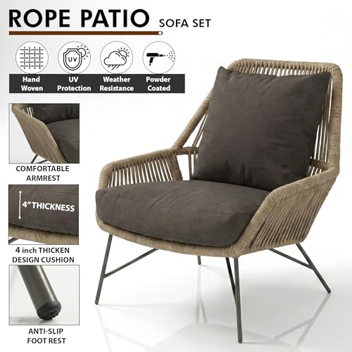 Image of Amazon Brand - Solimo Solix Outdoor Rope Sofa Set | Balcony Sofa | Patio Conversation Sets | Braided Rope Garden Sofa Set and Center Table (5 Seater- Beige+Brown)